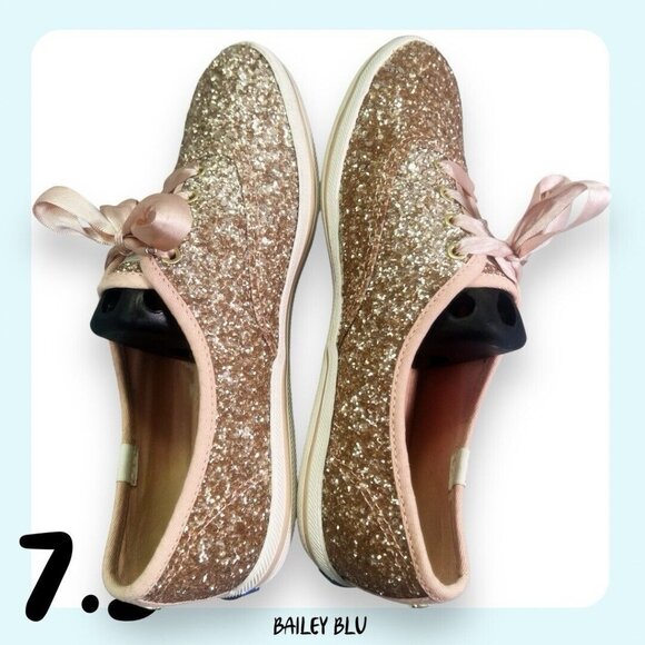 Keds Kate Spade Rose Gold Pink Peach Glitter Sneaker Shoe 7.5 - Picture 4 of 9
